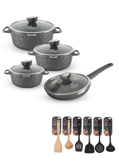 اشتري 14Pcs Granite Coated Healthy Cookware Set - Die Cast Aluminum Cooking Casserrole Set Inclued Sauce & Stock Pots, French Frying Pan - Nylon and Wooden Tools في الامارات