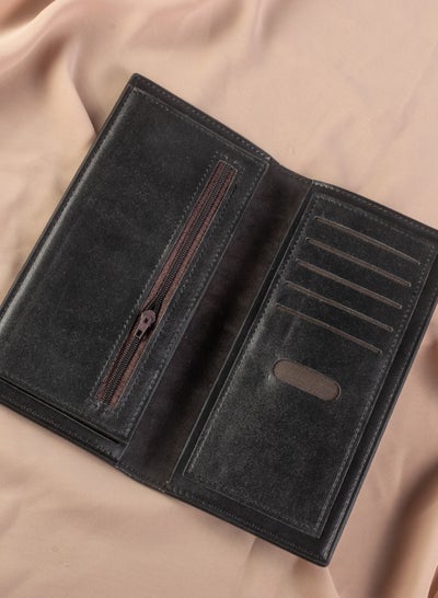 Buy Long Leather Flip Wallet & Card Holder with 12Pockets and Zipped Pocket Gray & Black in Egypt