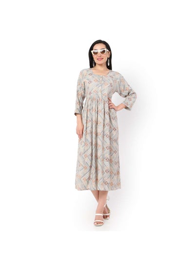 Buy SOFT VISCOSE GREY COLOUR FRONT BUTTONED PRINTED CASUAL SHORT ARABIC KAFTAN JALABIYA DRESS in UAE