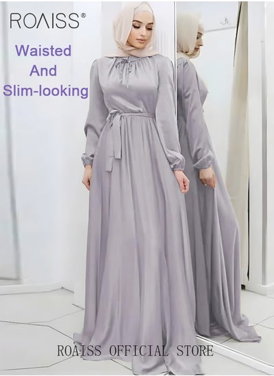 Buy Women's Long Sleeve Dress Round Neck Smooth Fabric Shiny Dress Abaya with Belt Muslim Long Dress for Ladies Ramadan Eid al-Adha Gift in UAE