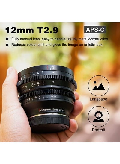 Buy 7 Artisans 12mm T2.9 Large Aperture APS-C Ultra Wide Angle Cine Lens, Manual Fixed Focus Low Distortion Cinema Lens Compatible for MFT M43 Mount, Black in UAE