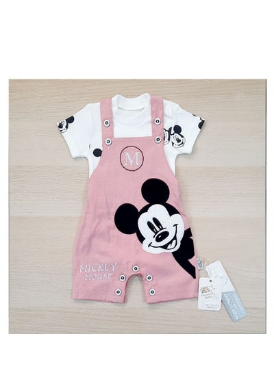 Buy A two-piece outerwear set of an embroidered Mickey-shaped textile bodysuit and a baby cotton t-shirt in pink in Egypt