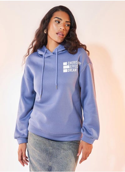 Buy Slogan Print Drawstring Hoodie with Dropped Shoulder in Saudi Arabia