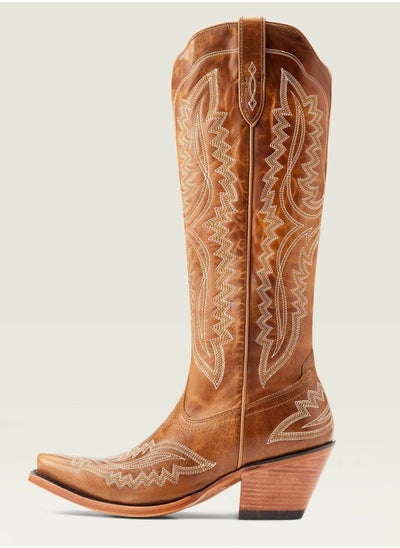 Buy Cowboy Boots For Women Western Embroidered Cowgirl Boots Chunky Heel Wide Tube Boots Pull on Pointy Toe Vintage Boots Yellowish Brown in Saudi Arabia