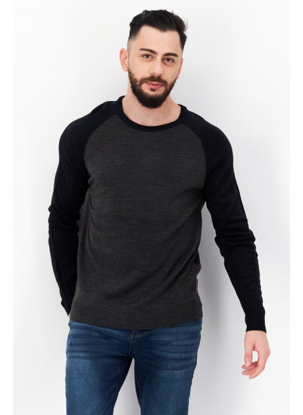 Buy Men Crew Neck Long Sleeve Textured Sweatshirt, Navy Blue/Heather Grey in UAE