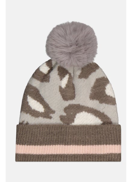 Buy Women Animal Pattern Knitted Beanie, Grey/Pink in UAE