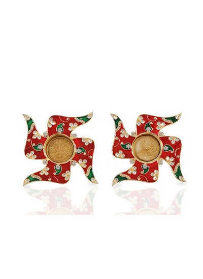 اشتري 2-Piece Swastik Decorative Metal Diya Set with Gold Tealight Candles, Multicolour في الامارات