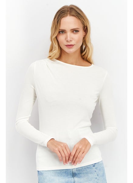 Buy Women Round Neck Long Sleeve Plain Top, Off White in UAE