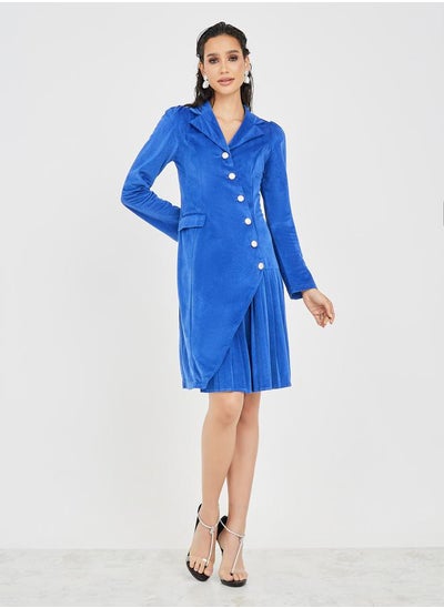 Buy Textured Pleated Hem Asymmetric Blazer Knee Length Dress in Saudi Arabia