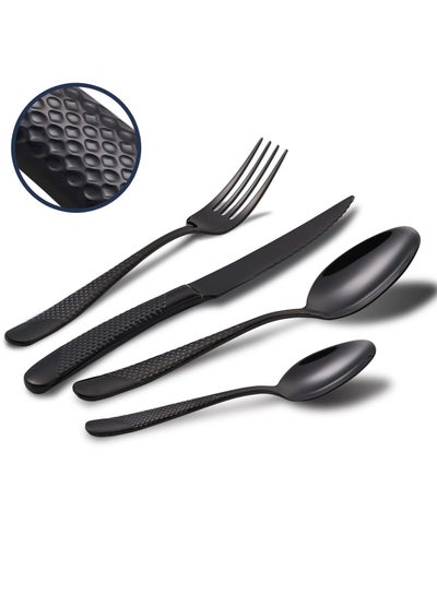 Buy Hammered Silverware Set, 4 Piece Modern Black 18 Or 10 Stainless Steel Flatware Set With Forks Spoons And Knives, Unique Metal Cutlery Sets For Home Restaurant, Mirror Polished And Dishwasher Safe in Saudi Arabia