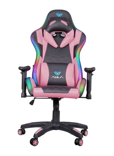 Buy F8041 Gaming Chair with RGB LED Light Adjustable Reclining Back and Armrest Pink in UAE