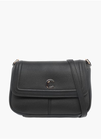 Buy Solid Crossbody Bag with Flap Closure and Adjustable Strap in UAE