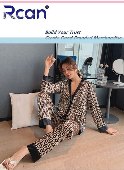 اشتري 2 Piece Set V Neck Ice Silk Satin Pajamas Printed Long Sleeved Cardigan Button Down Sleepwear Soft and Breathable Can Be Worn Outside Casual Nightgown Pants Suit for Women في السعودية