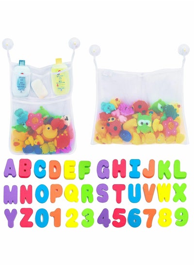 Buy 2 x Mesh Bath Toy Organizer + 4 Ultra Strong Hooks + 36 Bath Letters & Numbers – Eco-Safe, Fun, Educational Foam Baby Bath Letters and Perfect Toy Storage Net for Baby Bath Toys & More in UAE