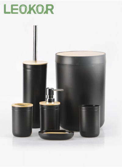 Buy 6-Piece Bathroom Accessories Set Black, Mounted with Trash Can,Toilet Brush,Toothbrush Holder, Lotion Soap Dispenser, Soap Dish, Toothbrush Cup in Saudi Arabia