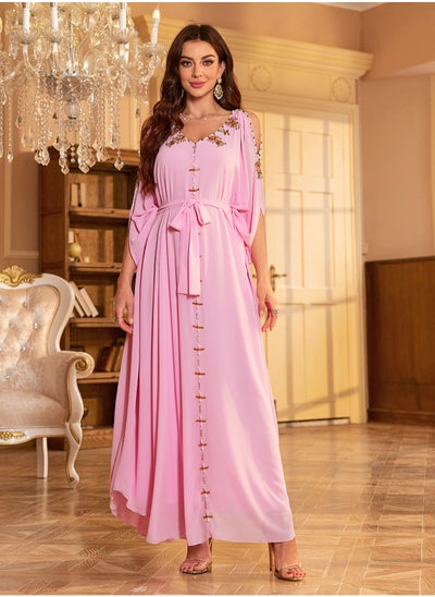 Buy Hand-Stitched Diamond Dress Abaya Pink in Saudi Arabia