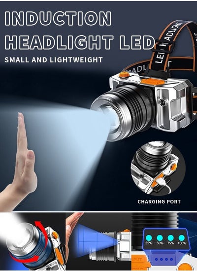 Buy Super Bright Headlight, USB Rechargeable LED Headlight, IPX4 Scalable Waterproof Headlight, Rechargeable Super Bright USB Headlight, Motion Sensor Adjustable 3 Modes, Zoomable Headlight Flashlight Spotlight, Waterproof Headlight Adjustable Headband, Suitable for Camping, Hiking, Outdoor, Hunting, Running in UAE