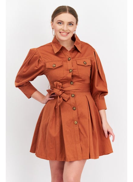 اشتري Women Solid Belted Mini Dress, Brown في الامارات