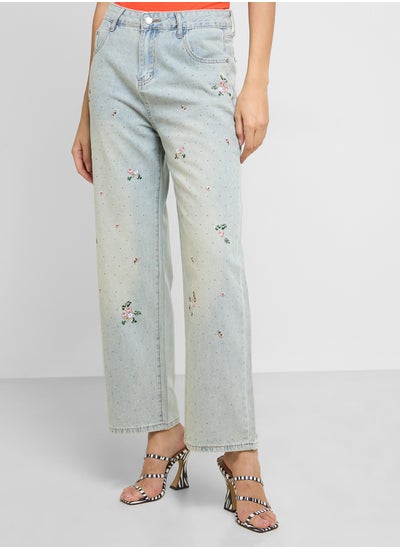 اشتري Mid Wash Wide Leg Jeans With Floral Embroidery في الامارات