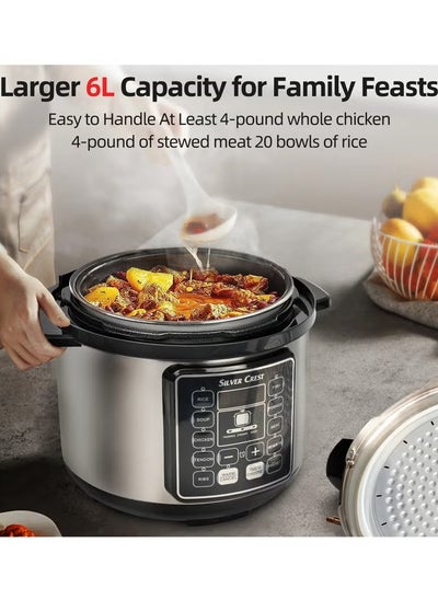 Buy "SILVER CREST 10 in 1 Electric Pressure Cooker 1050W Smart Instant Pot with 10 Programmable Functions 6L Capacity Rice Cooker Black Model MES6817" in UAE