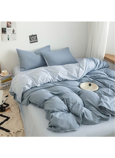 Buy Cotton Duvet Cover Set, 4 Pieces Washed Cotton Comforter Cover with Zipper Closure, Include 1 Duvet Cover 220x240cm 1 Flat Sheet and 2 Pillowcase, Comforter Not Included, King Size(Blue) in Saudi Arabia