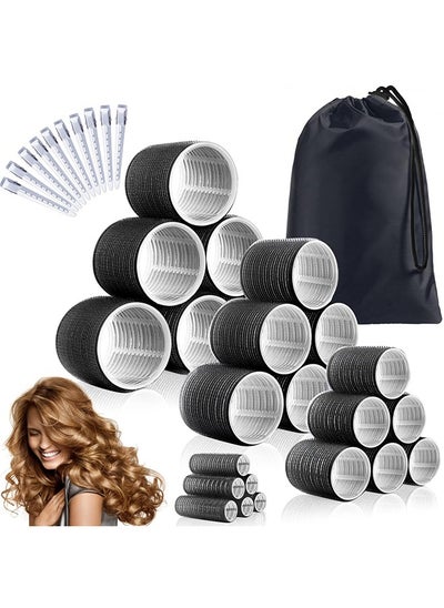 Buy 35 Piece Hair Rollers Set, 24 Pieces 4 Sizes Self Grip Holding Hair Rollers Curlers and 10 Pieces Stainless Steel Duckbill Clip,with 1 Storage Bag for Salon Barber Hairdressing Hair Styling, Black in UAE