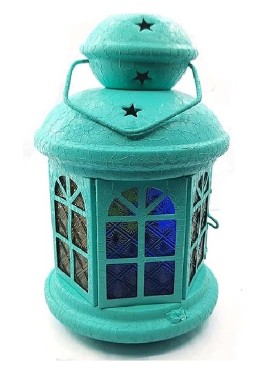 Buy Ramadan Lantern Metal 25cm Colored Glass (Leather Colors - turquoise) in Egypt