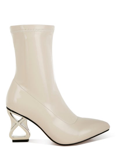 Buy Beige Fantasy Heel Patent Faux Leather Boots in UAE