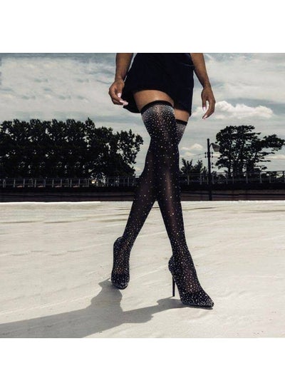 Buy Diamante Socks Knee high boots stocking boots high heel rhinestone pointed Knee-high bootsBlack Black in UAE