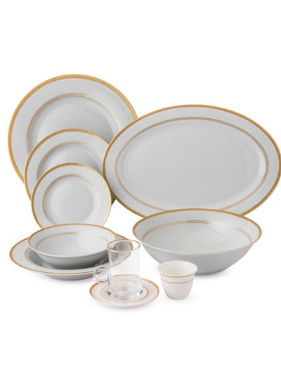 Buy 70-Piece Porcelain Dining Set White Color With Golden Font Enough For 6 People in Saudi Arabia