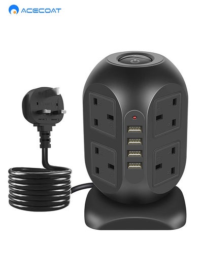 Buy Tower Extension Lead with USB - 8 Way Outlets Vertical Power Strip Surge Protection with 4 USB Ports(3.1A/5V), Multi-sockets Plugs, 3M Long Extension Cord Power Tower 2500W 10A for Office, Hotel, Home in Saudi Arabia