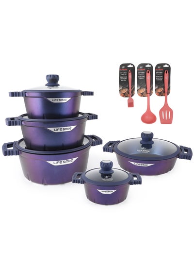 اشتري Cookware Set 13 pieces - LIFE SMILE Pots and Pans set Granite Non Stick Coating 100% PFOA FREE, Induction Base Cooking Set include Casseroles & Shallow Pot & Fry Pans & Silicone Utensils في الامارات