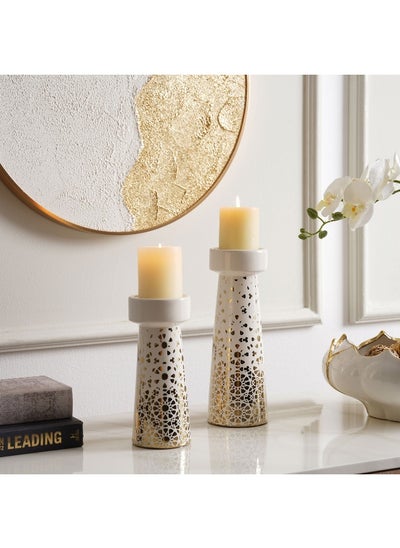 Buy Mashrabiya Ceramic Pillar Candle Holder 9.5X9.5X23Cm- Gold in UAE