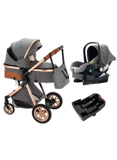 اشتري 3 in 1 Baby Stroller Travel System, Reversible Newborn Foldable Pram, Infant High Landscape Pushchair, Portable Standard Stroller, Reclining Buggy, Baby Carriage (GREY with Base) في السعودية