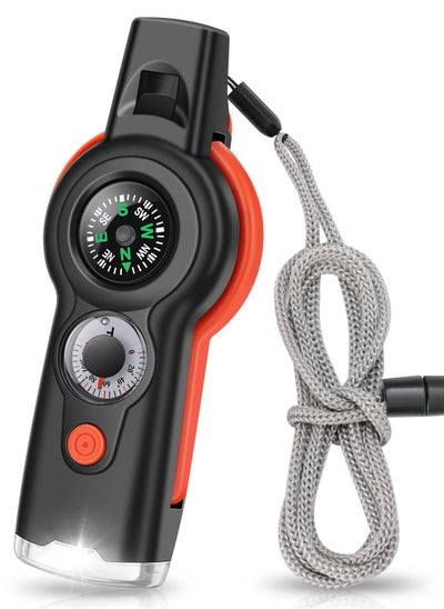 اشتري Emergency Survival Whistle, 7 in 1 Multifunctional Whistle, Outdoor Tool Safety Whistle with Lanyard, Emergency Whistle with Compass, Thermometer, Magnifying Glass, Reflector, LED Light, Storage Bin في الامارات