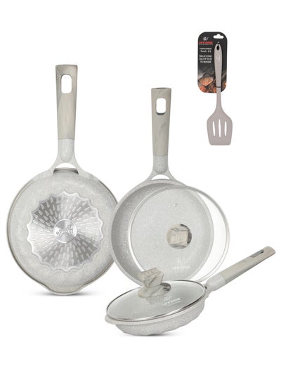 اشتري Frying Pan Set with Lid & Silicone Turner -Die Cast Aluminum Body With Multi Layer Granite Non-Stick Coating | 100% PFOA FREE | Heat-Resistant Handle Hanging Loop (20/22/26 CM, Light Grey) في الامارات