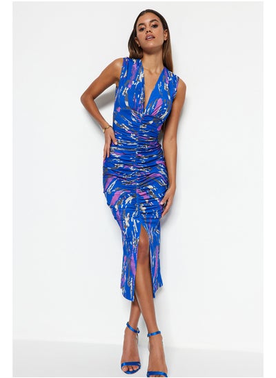 Buy Navy Blue Printed Fitted/Sleeping Gathered Midi Stretch Knit Dress TWOSS23EL00751 in Egypt