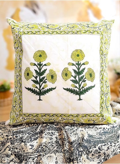 Buy Olive Green Hand Block Printed Organic Premium Cotton Quilted Cushion Cover 65 Cm X 65 Cm in UAE