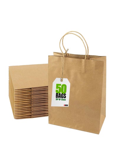 Buy Hi-Care  Kraft Paper Bags - 50pcs Brown Gift Bags With Handles 100gsm Paper Bags, Shopping Bags, Kraft Bags,Party Bag ,Reusable Paper Bag in UAE