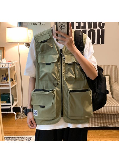 Buy Multi-Pocket Workwear vest mens Korean-style trendy ins handsome waistcoat summer New loose sleeveless topGreen Green in UAE