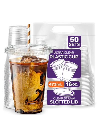 اشتري 50 Pcs 473ml or 16 Oz PLA Plastic Cups with Flat Lids Disposable Clear Cups for Cold Beverages Juices Shakes Smoothie في الامارات