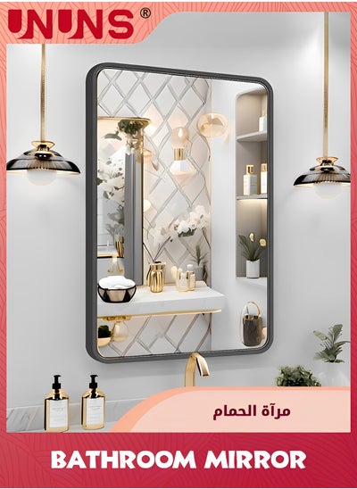 Buy Black Vanity Mirror,Bathroom Mirror For Over Sink,Wall-Mounted Aluminum Framed Mirror For Bedroom,Restroom,Corner,Modern Rounded Corner Anti-Rust Hanging Mirrors Of Home,40x60cm in UAE