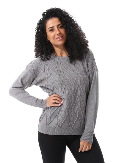 Buy Cable Knitted Pattern Round Collar Pullover_Grey in Egypt