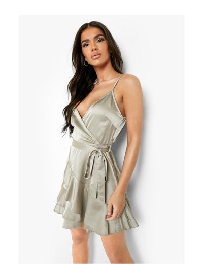 Buy Satin Frill Skirt Wrap Skater Dress in UAE