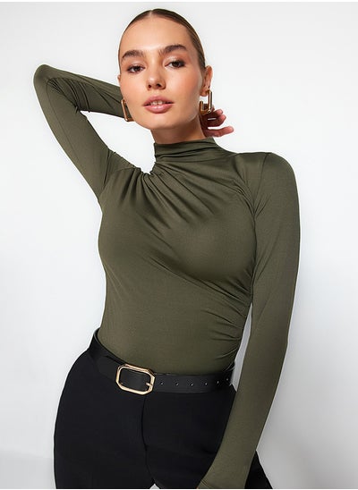 Buy Khaki Gathered Detailed High Neck Snap Snap Elastic Knitted Body TWOAW24BD00014 in Egypt