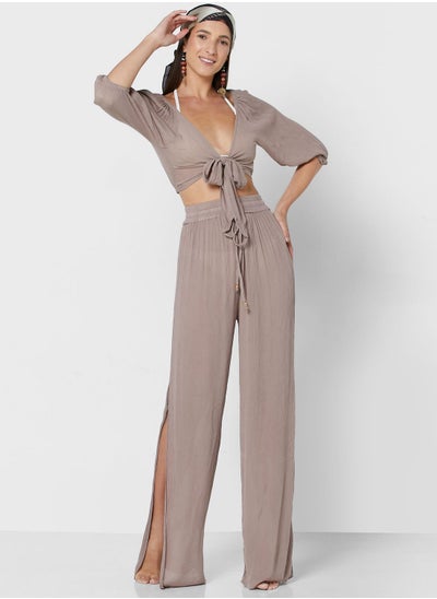 Buy Tie Detail Crop Top & Wide Leg Pants Set in Saudi Arabia