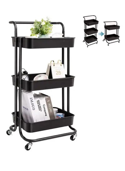 Buy 3-Tier Rolling Utility Storage Stand Movable Rolling Cart Large Capacity Storage Holder Craft Cart Multipurpose Organizer Shelf With Handles And Lockable Wheels for Kitchen,Bathroom,Living Room(Black) in UAE