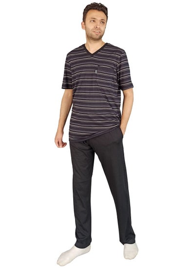 Buy Men Summer Pajama Set Striped Top & Plain Bottom -Black in Egypt