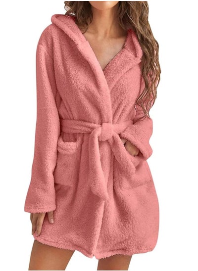 Buy Women Hooded Bathrobe Fleece Lightweight Soft Plush Flannel Sleepwear Fleece Hooded Bathrobes Night Sleepwear Women's Mid Length Plush Robe in Saudi Arabia