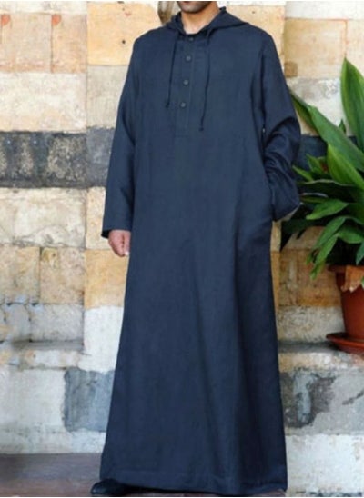 Buy Men's Muslim Robe Thobe Solid Color Hooded Long Sleeve Kaftan With Pockets Casual Shirt Navy Blue in Saudi Arabia